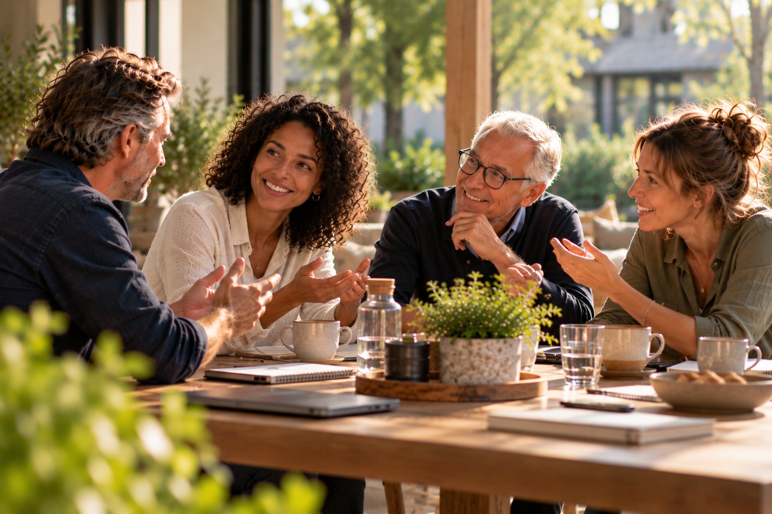 Vier mensen in gesprek aan een tafel buiten.